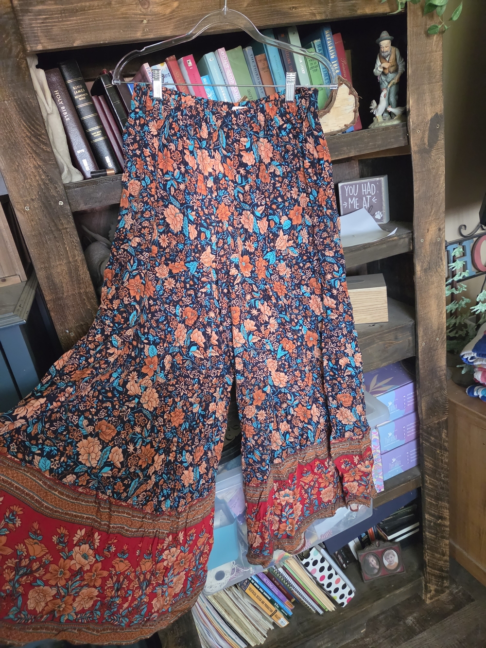 NATURAL LIFE Navy Wide Leg Floral Palazzo Pants with Orange & Turquoise Floral